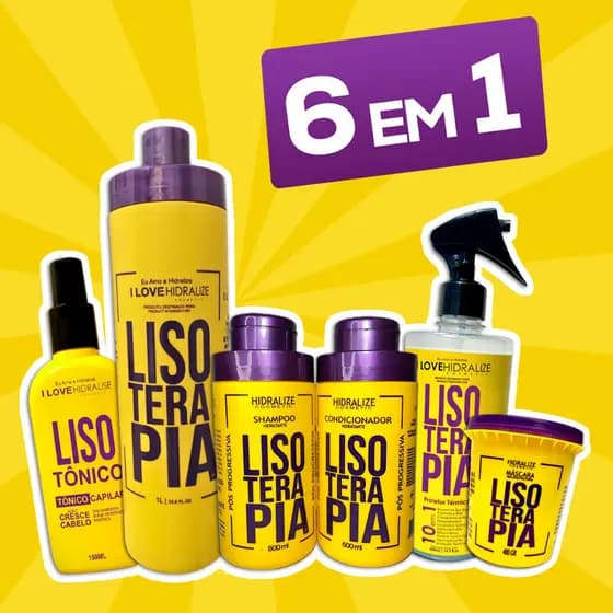 Kit 6 em 1 Lisoterapia - Progressiva Shampoo Condicionador Protetor Térmico Tônico Capilar Máscara