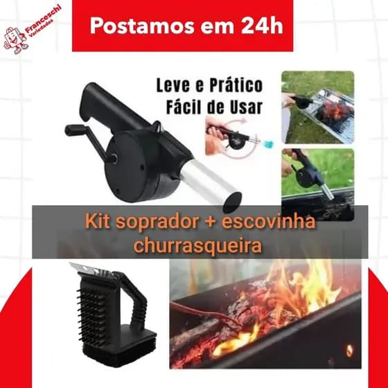 Kit Churrasqueira Soprador acendedor + escovinha 3 em 1 para limpeza praticidade para seu churrasco