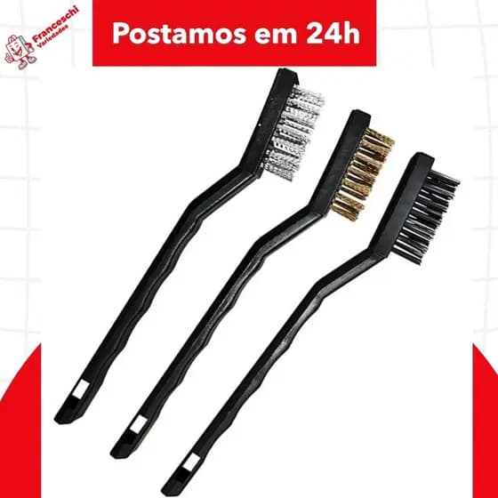 Kit com 3 Escovas Aço Pequenas para Limpeza Pesada de Peças (1 Aço, 1 Latão e 1 Nylon) Tira Ferrugem