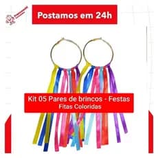 05 Pares de Brincos Argola Coloridos para Festas e Carnaval Acessórios de Moda