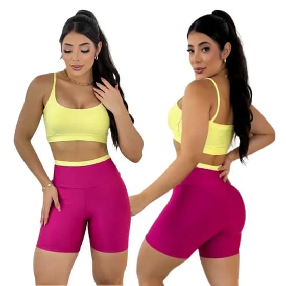 Conjunto de top com short feminino academia zero transparência bojo removível moda crossfit fitness