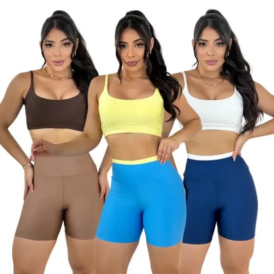 Conjunto top e short academia zero transparência bojo removível cintura alta premium crossfit fitness