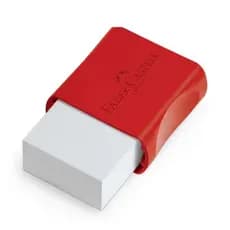 BORRACHA MAX FABER CASTELL BRANCA VERMELHA MACIA CAPA PROTETORA PEQUENA VOLTA AULAS MATERIAL ESCOLAR