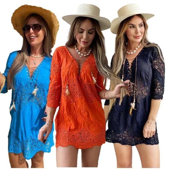 Moda Praia Feminina Chemise /Saida de Praia Chic Boho Elegante /Veestido Renda Bata  2814