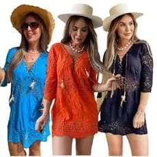 Moda Praia Feminina Chemise /Saida de Praia Chic Boho Elegante /Veestido Renda Bata  2814