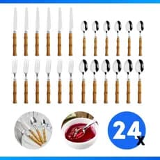 Faqueiro 24 Peças Aço Inox Cabo Bambu Jogo de Talheres Luxo Cozinha Cabo imitando Madeira Bambu