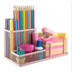 Organizador de Mesa Rosa Em Metal Aramado Para Escritório 3 Divisões Porta Lapís Caneta Clips