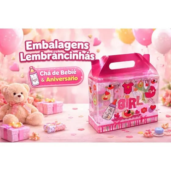 Kit 24 Embalagem Caixinha de Acetato Decorada Presente Lembracinha Chá de Bebê Aniversário 13x10x6,5cm