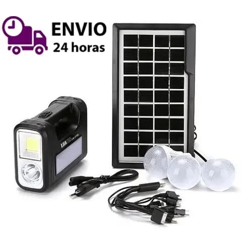 Kit Bateria Portátil Painel Solar 3 Lâmpadas Holofote Led Pesca Camping Trilha