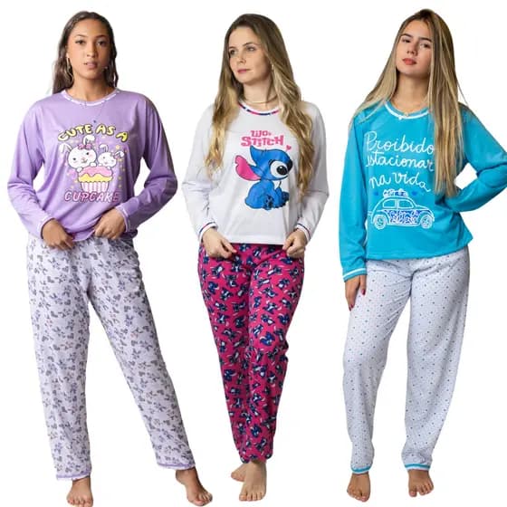 KIT 3 Pijamas Longo De Frio Inverno Feminino Adulto - Malha PV Premium