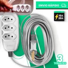 Extensão Elétrica Branca 2/3/5/10 (METROS) Bivolt - Tomadas Tripolares  COR BRANCA