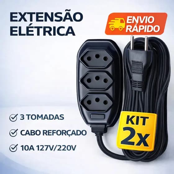 Kit 2 Extensão Elétrica 2m 3m 5m 10m Bivolt 10A Tripolar Cabo Reforçado Preta