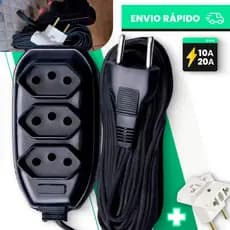 EXTENSÃO ELÉTRICA + ADAPTADOR 2/3/5/10 METROS 10A TRIPOLAR 110/220V BIVOLT FIO 2x0,75mm COR PRETA RESISTENTE