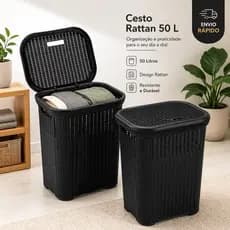 Cesto de Roupa Suja Grande com tampa Rattan 50 litros