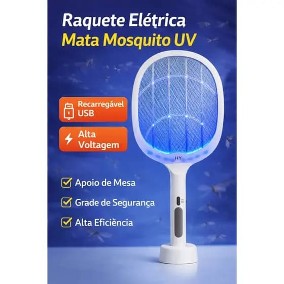 Raquete Mata Mosquito Recarregável Com Suporte De Mesa Casa Cor Branco（Mate mosquitos--002）