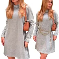 Vestido Feminino Manga Longa Gola Alta Versátil Casual Poncho Lã Estiloso