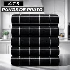 Kit 5 Panos de Prato Grosso Toalhado Listrado Preto 100% Algodão Cozinha