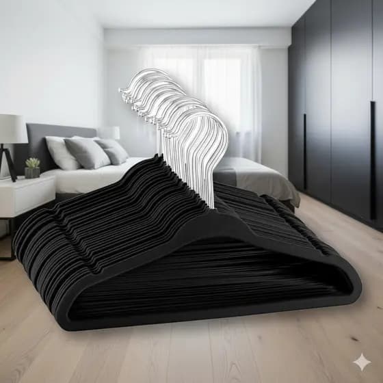 Kit 30 Cabides De Veludo Adulto  Roupa Antideslizante Slim Luxo Para Quarto Preto Dox