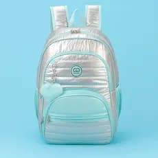 Mochila Escolar De Costas Para Menina Acetinada  Prata E Azul Turquesa Com Pompom Feminina