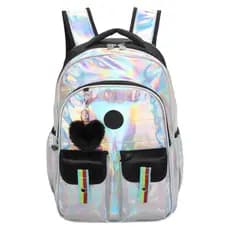 Mochila Escolar Para Menina De Costas Holográfica Furta Cor Com Bolso Preto SweetGirl