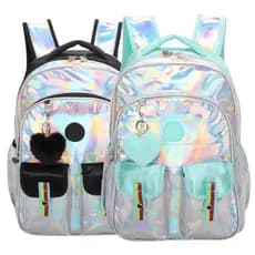 Mochila Escolar Para Menina Com Alças Reguláveis Holográfica Furta Cor Com Bolso Preto E Rosa