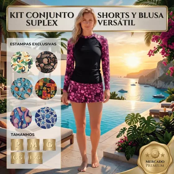 Kit Praia Feminino  Conjunto Blusa Manga Longa e Shorts Proteção Solar Moda Praia Verão Estampas exclusivas