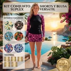 Kit Praia Feminino  Conjunto Blusa Manga Longa e Shorts Proteção Solar Moda Praia Verão Estampas exclusivas