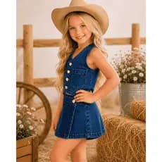 Conjunto Jeans Infantil Menina Juvenil Colete + Short Saia Plissada Colegial Rodada Country Feminino