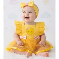 Jardineira Conjunto Body Romper Saia Salopete Roupa Bebê Fantasia Solzinho Mesversário Raio De Sol