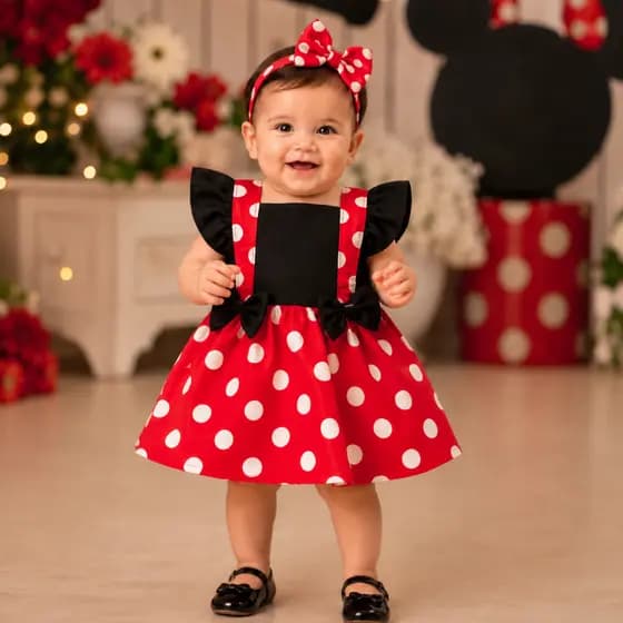 Jardineira Romper Saia C/ Laço Minnie Bebê Bolinhas Mesversário Ajustável Fantasia Premium Infantil