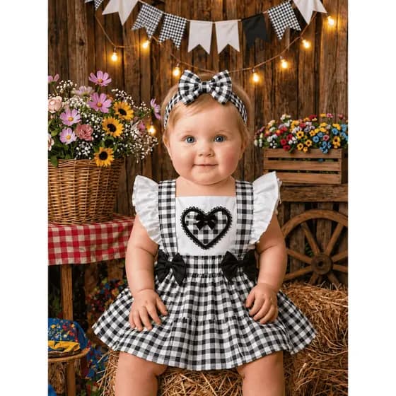 Jardineira Romper Body Festa Junina Xadrez Caipira Bebê Fazendinha Mesversário Quadrilha Sao Joao