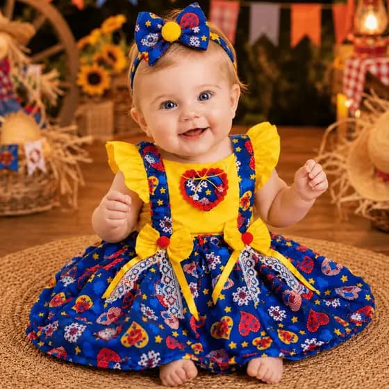 Jardineira Romper Saia Junina Bebê Menina Quadrilha Delicada Festa Escola Luxo Algodão Mesversário