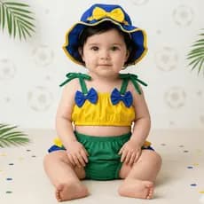 Banho De Sol Infantil Menina Brasil Copa Do Mundo Mesversário Conjunto Bebê C/ Chapeu 100% Algodao