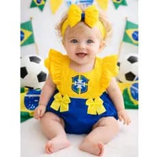 Jardineira Copa Do Mundo Romper Body Para Bebê Menina C/ Laço Passeio 100% Algodão Festa Temática Brasil