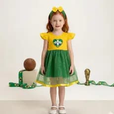 Vestido Menina Infantil Copa Do Mundo Seleçao Futebol Brasil Luxo Rodado Torcida Laço 100 % Algodao