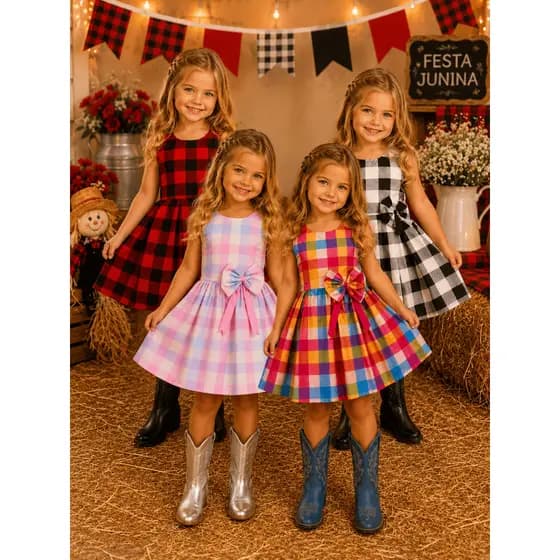 Vestido Festa Junina Infantil Xadrez Escola Nordeste Luxo Rodado Caipira Menina Quadrilha 4 ao14