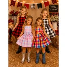 Vestido Festa Junina Infantil Xadrez Escola Nordeste Luxo Rodado Caipira Menina Quadrilha 4 ao14