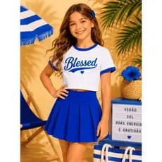 Conjunto Infantil Menina Brasil Copa Do Mundo Futebol Algodão 100% Plissado Colegial Luxo Estiloso