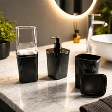 Kit Banheiro Lavabo Conjunto Porta Escova Sabonete Liquido Porta Algodão Marmorizado
