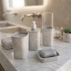 Kit Banheiro Lavabo Conjunto Porta Escova Sabonete Liquido Porta Algodão E Saboneteira Marmorizado