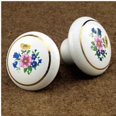 Kit 02 Puxador De Porcelana Cerâmica Redondo Estampado Floral Com Filete Dourado Gaveta Armário 32mm