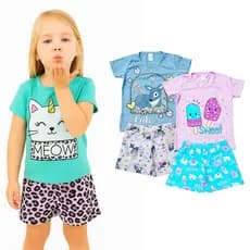 Kit 2 Pijamas Infantil Menina Verão 85% Algodão Leve e Fresquinho Camiseta + Short