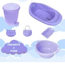 KIT COMPLETO QUARTO BEBE 6 ITENS BANHEIRA 22L BACIA 14L ORGANIZADOR LIXEIRA 8L SABONETEIRA E PORTA CHUPETA