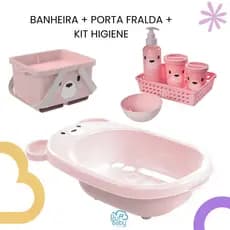 Banheira ursinho com kit higiene 7 peças porta fralda banho do bebê