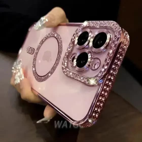 2024 Nova Capa Magnética Glitter Diamante Magsafe Para iPhone 17 16 15 14 13 12 11 Pro Max Proteção De Lente De Vidro