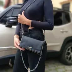 Bolsa Clutch Zadig & Inspired - Rock Chic com Asas prateadas e Corrente prateado