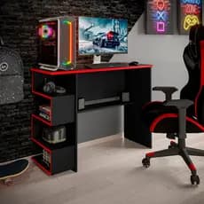 Mesa para computador gamer com nicho organizador para quarto preto com vermelho