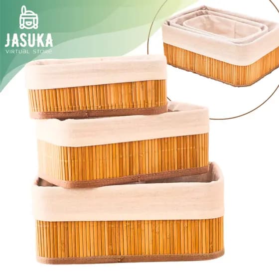 Kit 3 Cestos Organizador De Bambu Multiuso Com Forro Anti Mofo e Resistente a Água
