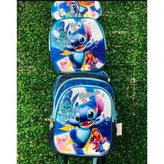 kit estojo lancheira mochila com carrinho de rodinha removível stitch