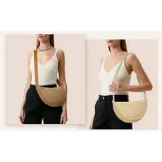 Bolsa Feminina de Palha Transversal Meia Lua Casual Verão Alça Longa Moda Praia